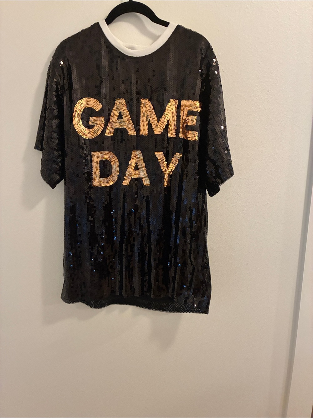 Sequin 'GAME DAY' Short Sleeve Mini Dress - Black and Gold Sequins